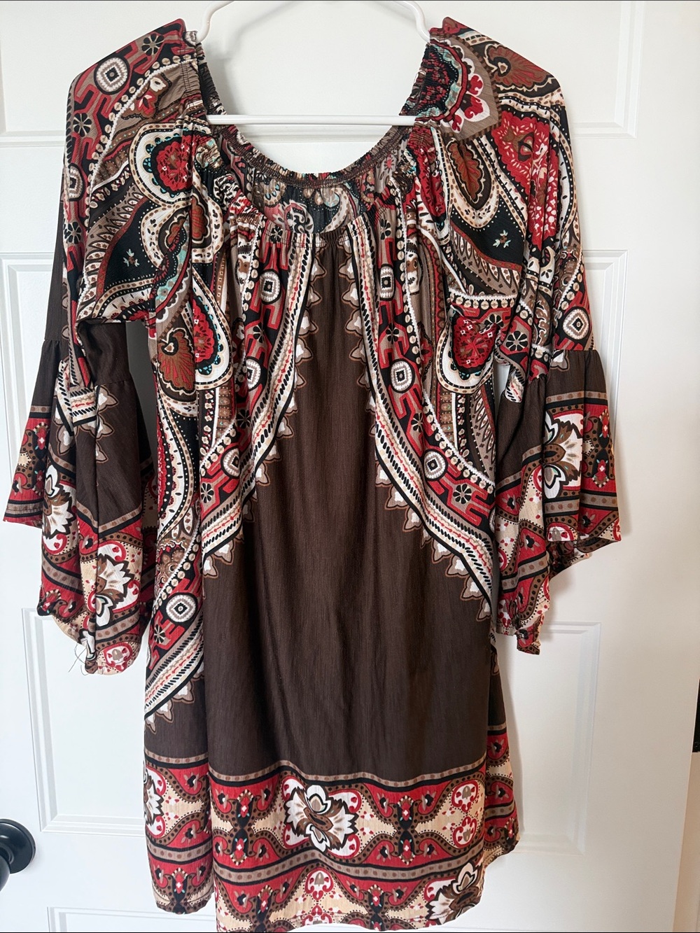 Brown Paisley Print Peasant Top - Women's Long Sleeve